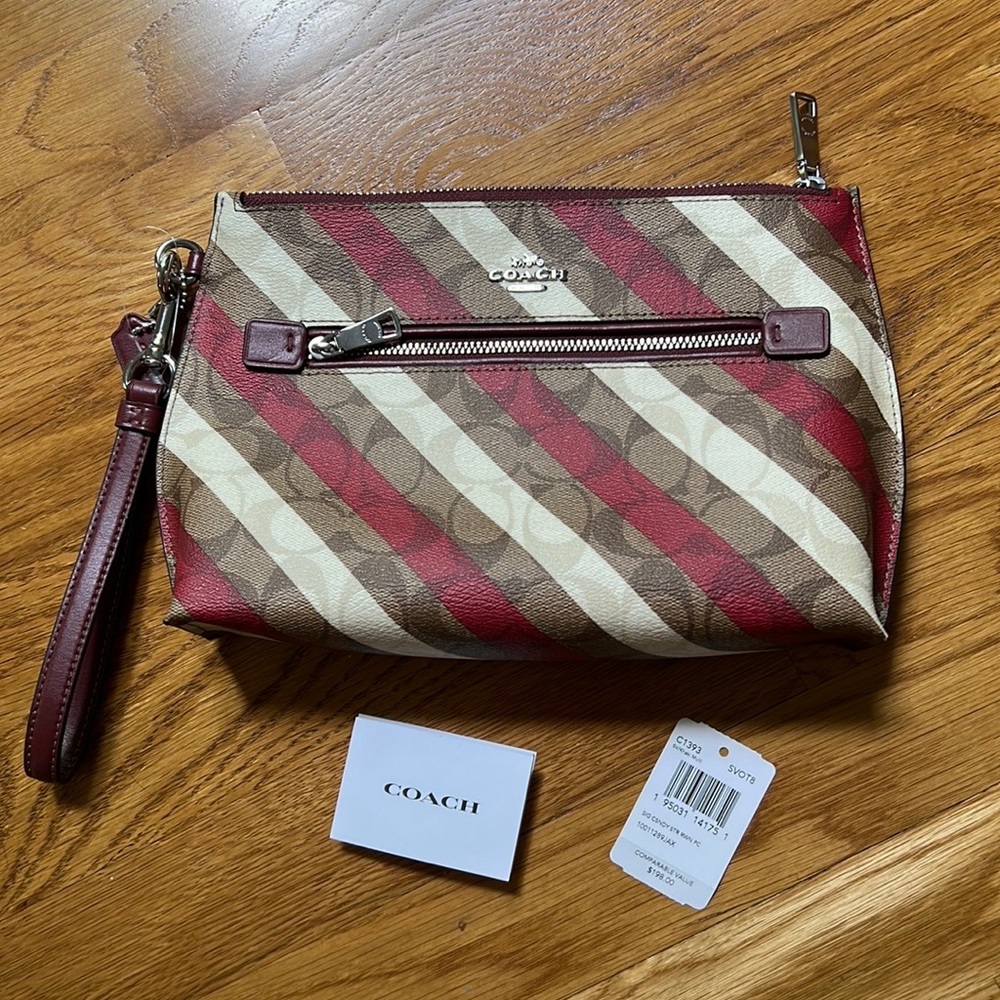 Coach red and white striped oversized wristlet NWT